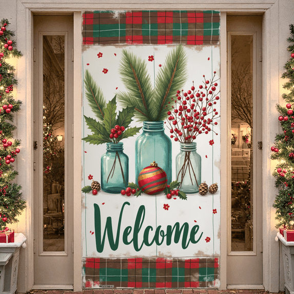 Festive Design Welcome Banner Decorative Seasonal Green Red Christmas Elements for Front Porch Holiday Decoration Indoor Outdoor
