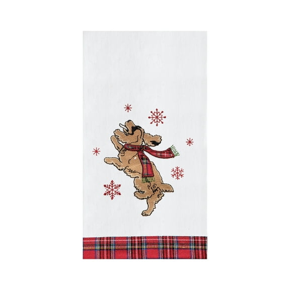 Festive Dog Jumping Christmas Holiday Machine Washable Embellished Flour Sack Kitchen Towel 27L x 18W in.