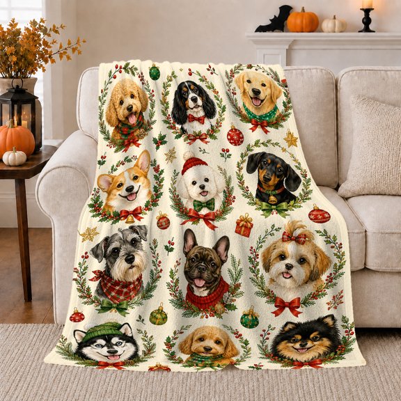 Festive Dog Portrait Grid Christmas Wreaths, Festive Pet Portrait Pattern, Warm Flannel Blanket for Living Room and Bedroom, Dog Lovers Christmas Gift, Pet Lover Home Decor