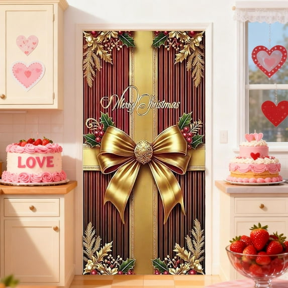 Festive Door Cover, Bow Door Decoration, Holiday Door Banner for Birthday Christmas Party Decor(B)