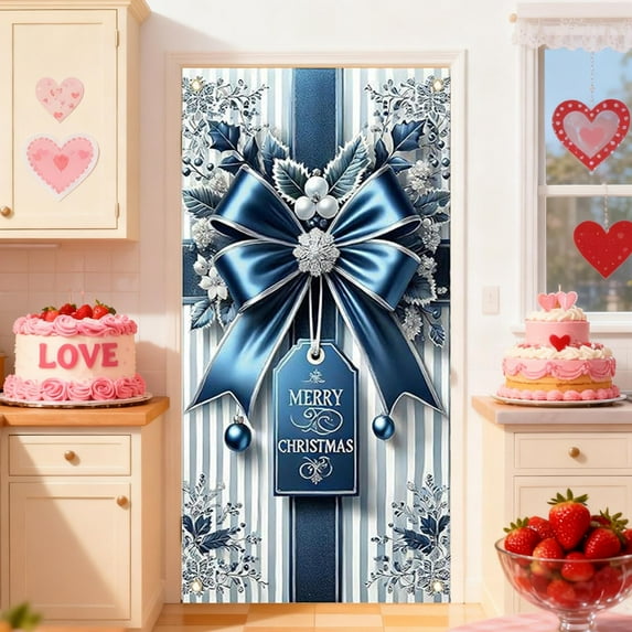 Festive Door Cover, Bow Door Decoration, Holiday Door Banner for Birthday Christmas Party Decor(C)