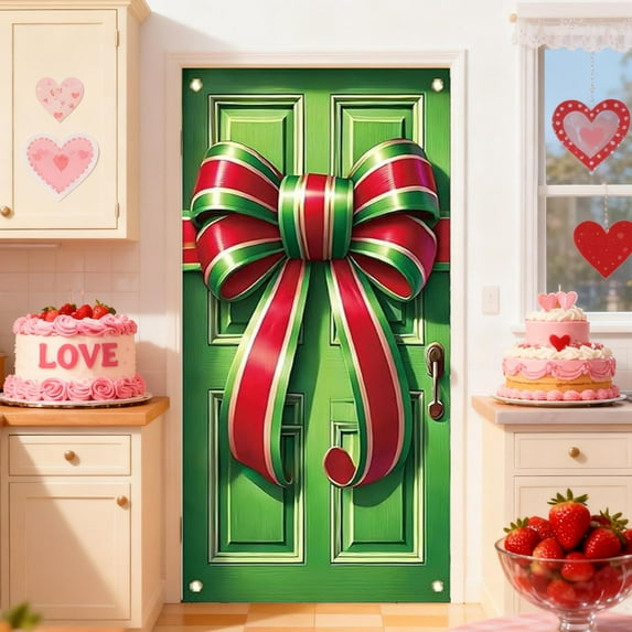Festive Door Cover, Bow Door Decoration, Holiday Door Banner for Birthday Christmas Party Decor(D)