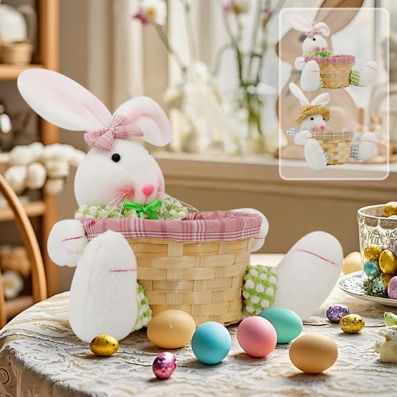 Festive Easter Bunny Candy Storage Basket With Rattan Base, Plush Doll Accent, Large Tabletop Organizer For Treats, Snacks Or Decor, Whimsical Seasonal Gift, Multiuse Home Display, 33×26×6 Cm