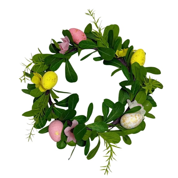 Festive Easter Decorative Wreath with Colorful Egg Accents, Green Foliage & Floral Elements for Home, Entryway, or Wall Decor