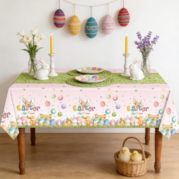 Festive Easter Tablecloth 108 X 54 Inches Rectangular Plastic Cover for Holiday Dining Decoration and Party Setup