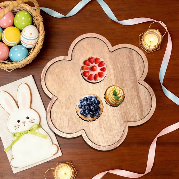 Festive Easter Tray Platter - Wooden Floral Carrot Egg Rabbit Decor, Food-Safe Serving Tray for Fruit Dessert Baby Food, Durable Easy to Maintain Home Party Easter Decor