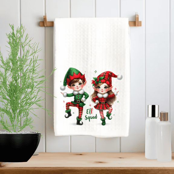 Festive Elf Duo Christmas Kitchen Towel 16x24 Waffle Weave Dish Drying Cloth 1 Count