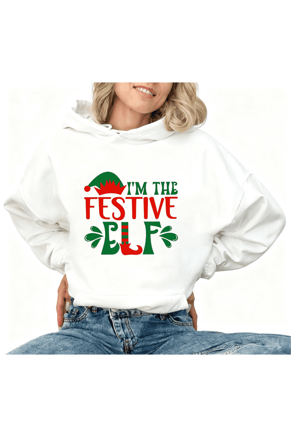 Festive Elf Print Hoodie White Graphic Sweatshirt S-2XL Merry Christmas Holiday Tops