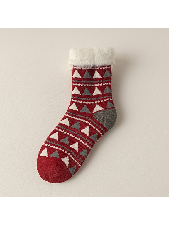 Festive Elk & Christmas Tree Printed Thick Knit Socks for Unisex Adults, Fleece Lined Cuff Thermal Lounge Socks, Breathable Warm Indoor Sleep Socks for Daily Home Wearing