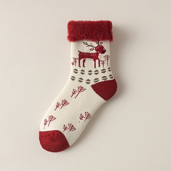 Festive Elk & Christmas Tree Printed Thick Knit Socks for Unisex Adults, Fleece Lined Cuff Thermal Lounge Socks, Breathable Warm Indoor Sleep Socks for Daily Home Wearing