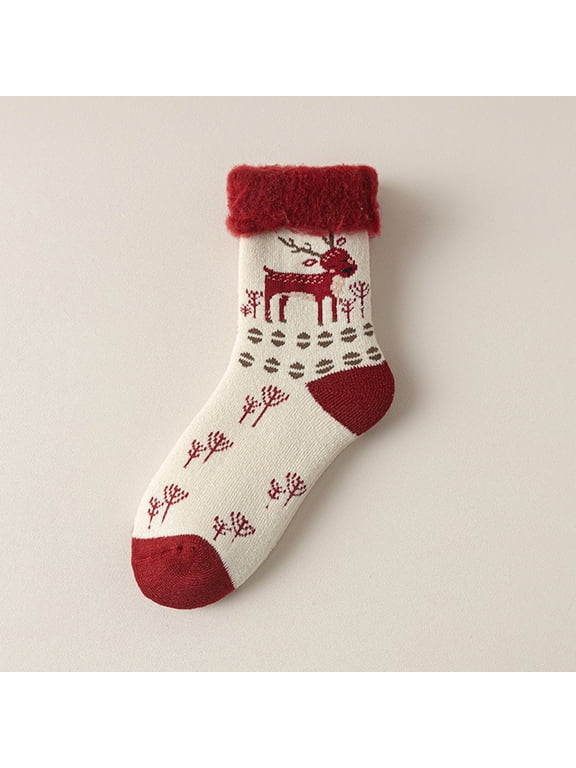 Festive Elk & Christmas Tree Printed Thick Knit Socks for Unisex Adults, Fleece Lined Cuff Thermal Lounge Socks, Breathable Warm Indoor Sleep Socks for Daily Home Wearing