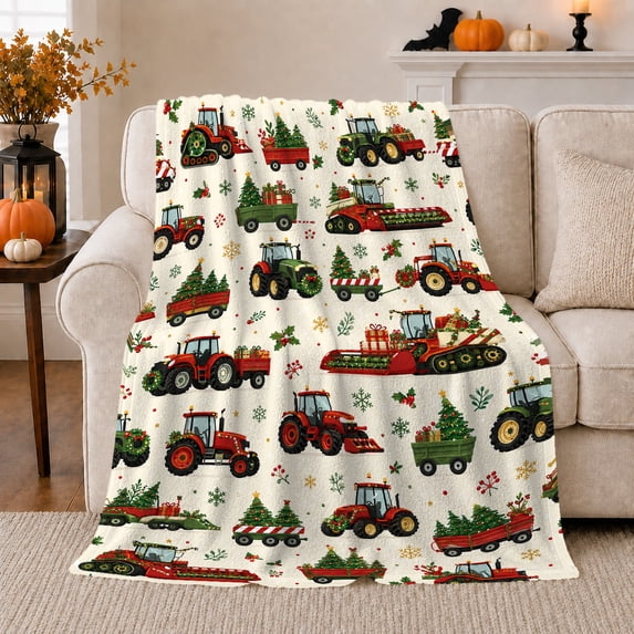 Festive Farm Tractor Holiday Scene Rustic Christmas, Festive Holiday Scene, Warm Flannel Blanket for Cabin and Lodge, Art Lovers Christmas Gift, Festive Home Decor