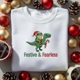 thumbnail image 1 of Festive & Fearless embroidered hoodie, Christmas Frog Riding Dinosaur Crewneck, Funny Xmas Dino Sweater, Cute Holiday Gift, 1 of 4
