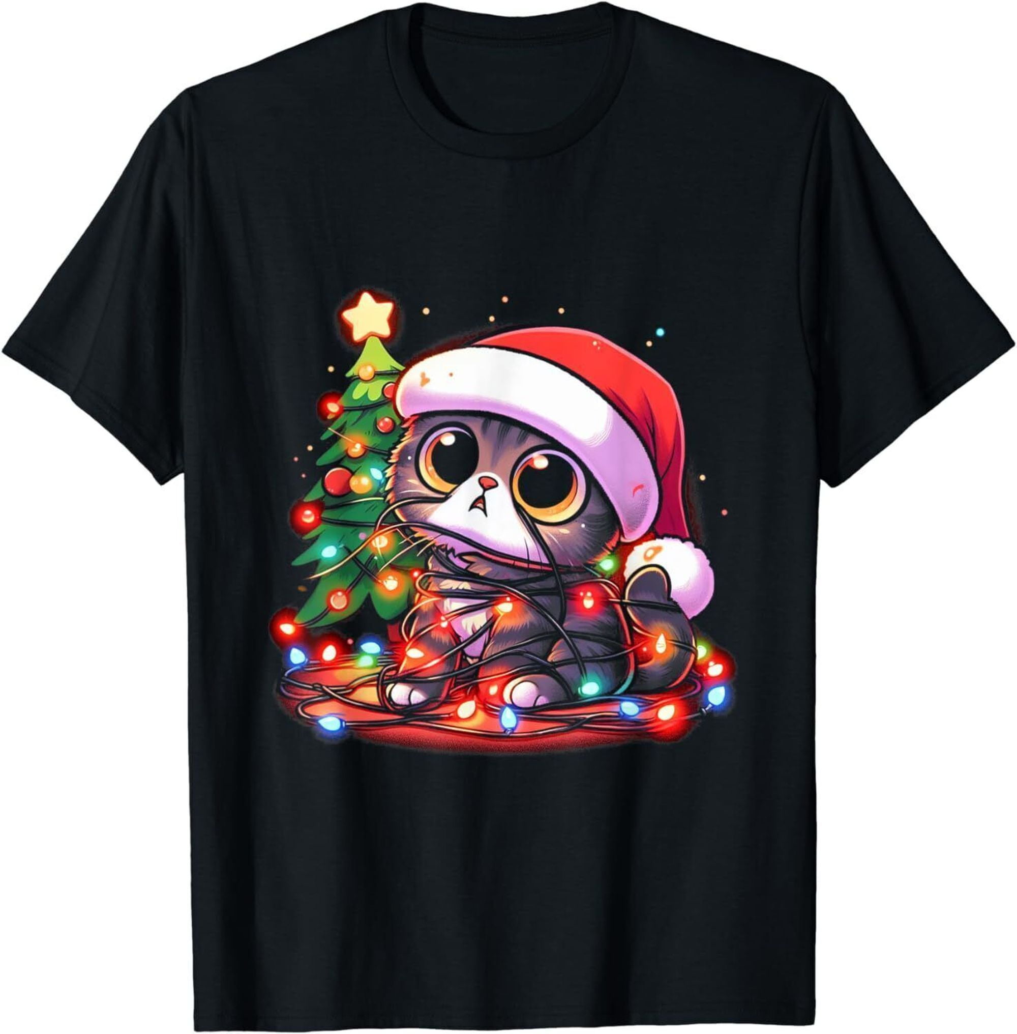 Festive Feline Fiasco: Adorable Cat Caught in Christmas Tree Lights Tee