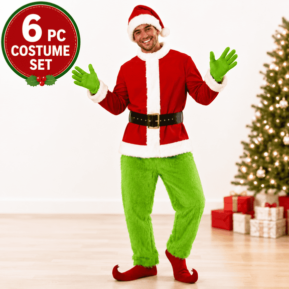 Festive Find Store Premium Adult Green Monster Costume Set 6-Piece Unisex Christmas Outfit