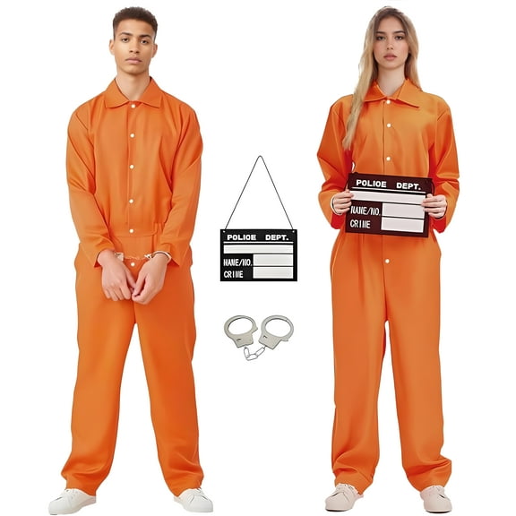 Festive Find Store Prisoner Costume with Mugshot Board and Handcuffs for Men and Women