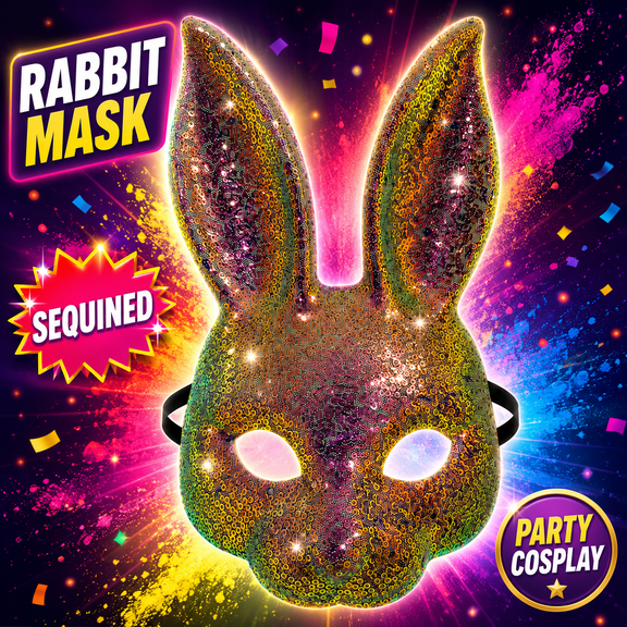 Festive Find Store Sequined Rabbit Half Face Mask with Long Bunny Ears and Elastic Strap, Halloween Easter Masquerade Rave Cosplay Mardi Gras Costume Accessory, Multicolor