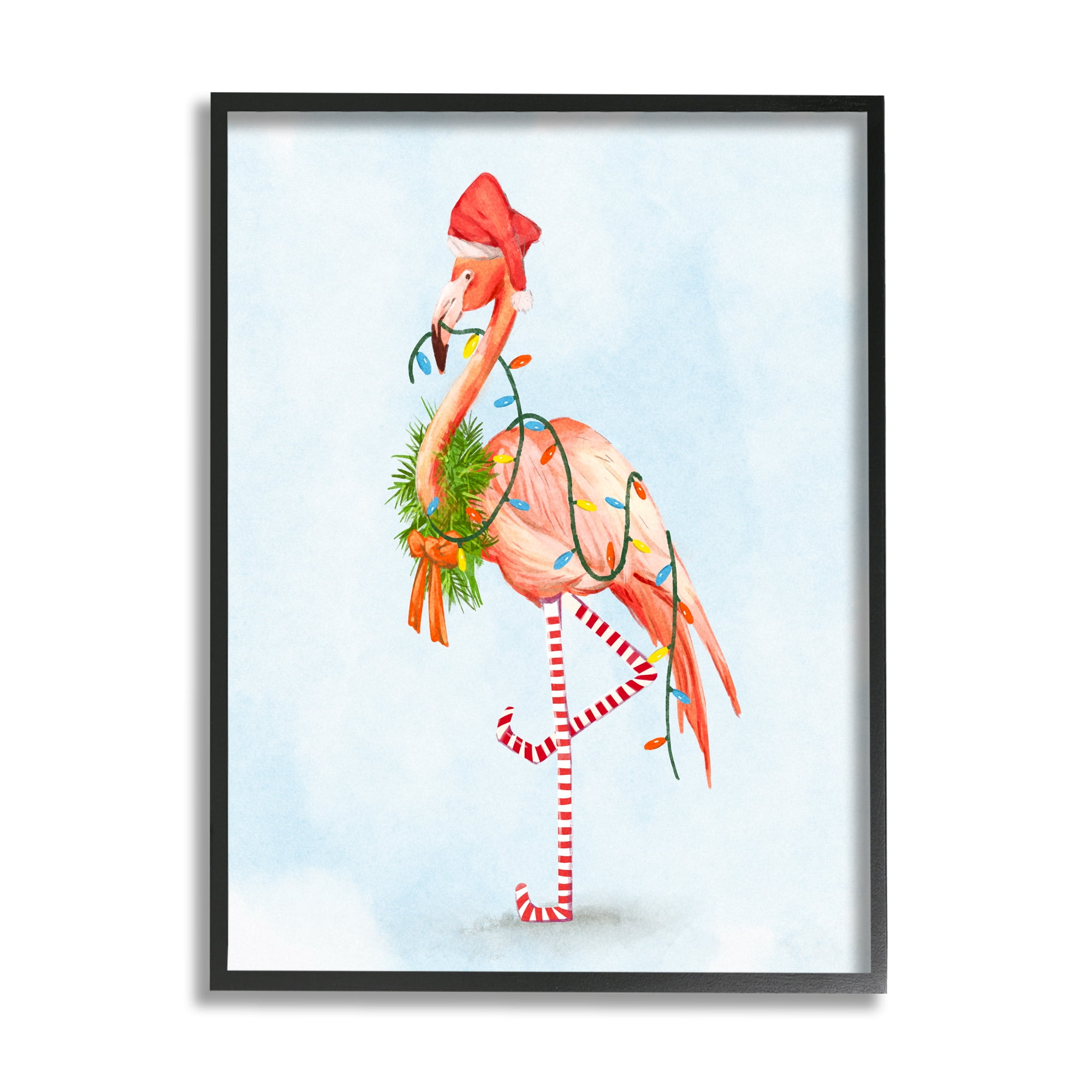 Festive Flamingo Christmas Lights Wreath Striped Stockings Coastal Painting Framed Art Print Wall Art