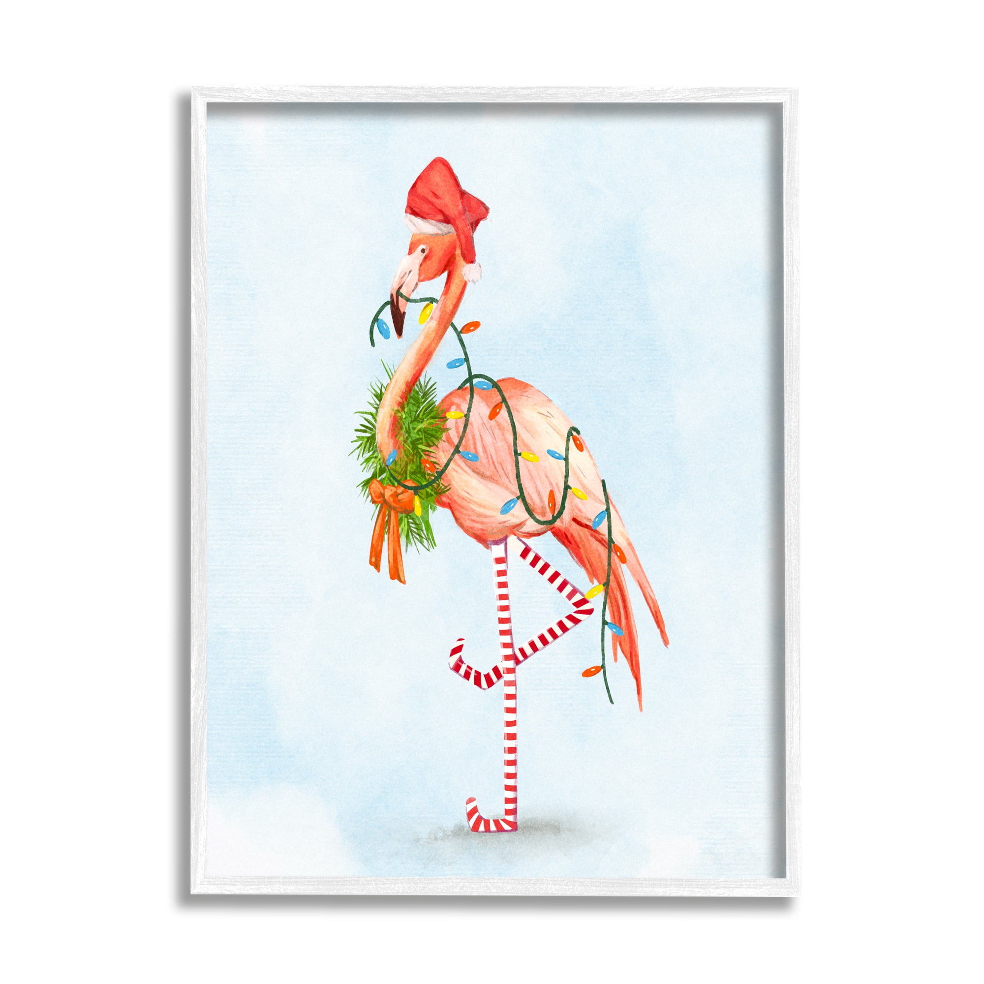 Festive Flamingo Christmas Lights Wreath Striped Stockings Coastal Painting Framed Art Print Wall Art
