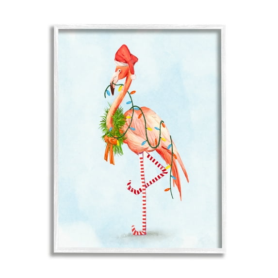 Festive Flamingo Christmas Lights Wreath Striped Stockings Coastal Painting Framed Art Print Wall Art