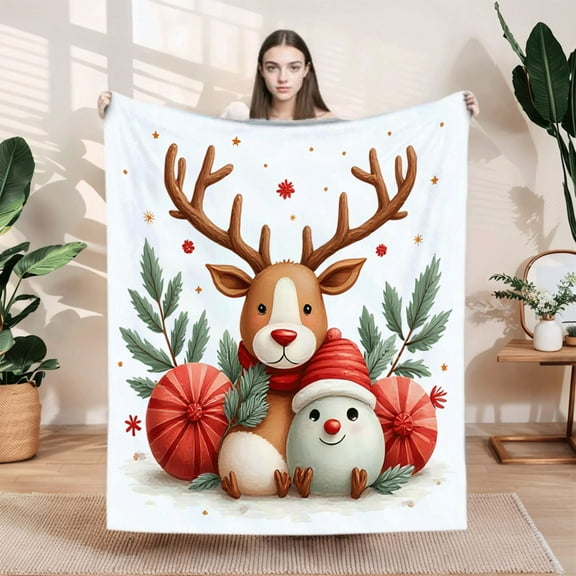 Festive Flannel Blanket - Cozy Soft Blanket with Cute Reindeer Cheerful Snowman and Holiday Ornaments Design for Sofa Travel Bed