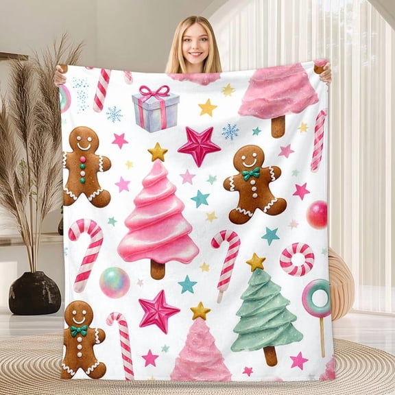 Festive Flannel Christmas Blanket - Pink Gingerbread & Tree Design, Soft Warm All-Season Throw for Sofa Bed Car Office Camping Travel Holiday Decoration
