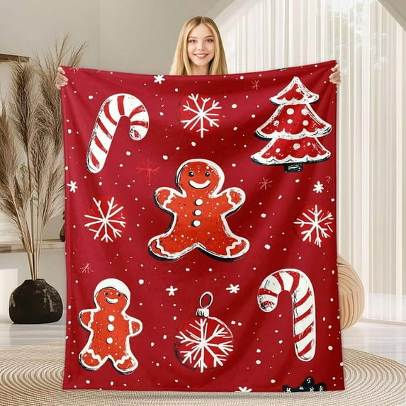 Festive Flannel Blanket - Pink Gingerbread & Tree Design, Soft Warm All-Season Throw for Sofa Bed Car Office Camping Travel Holiday Decoration