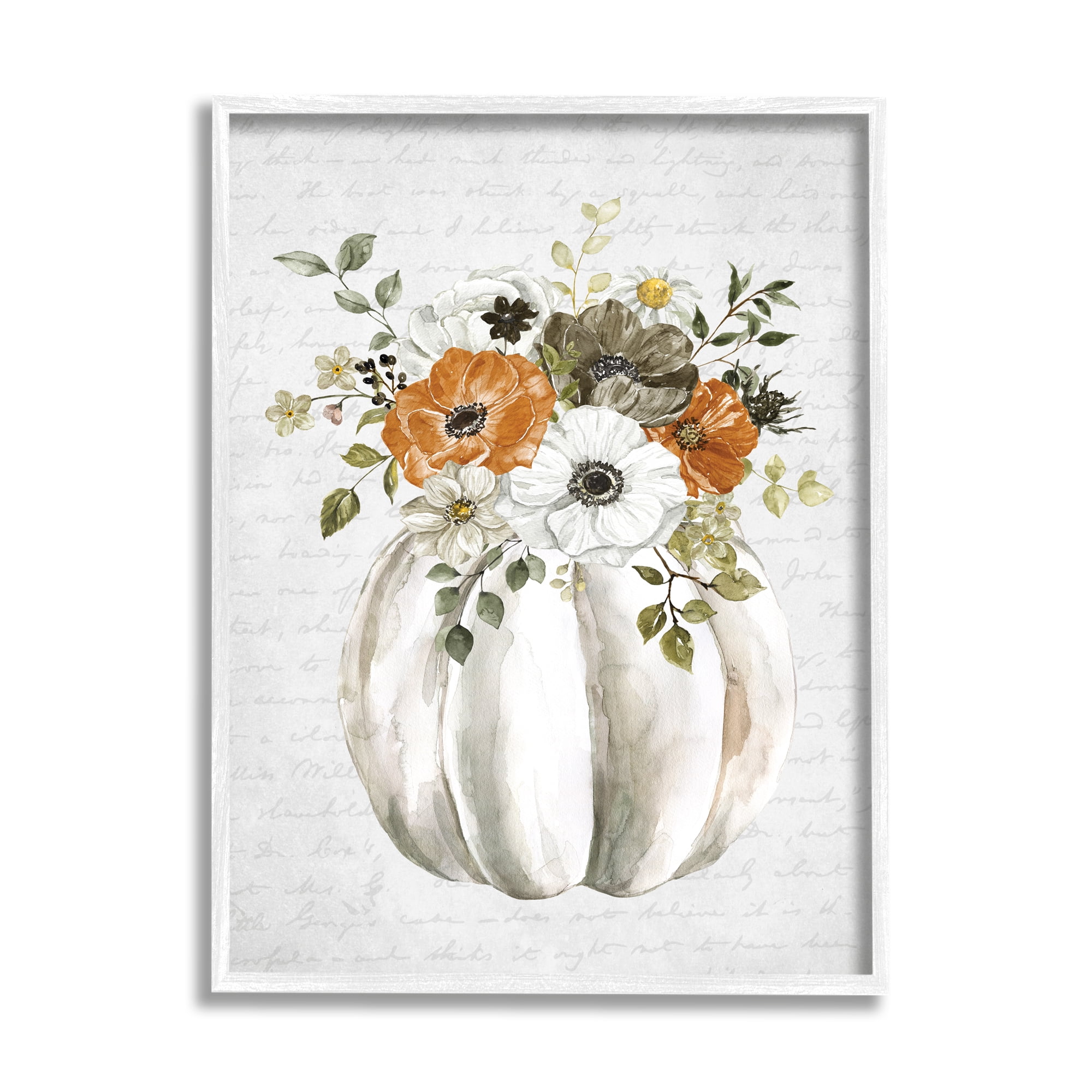 Festive Flower Bouquet Pumpkin Cursive Words Background Botanical & Floral Graphic Art Framed Art Print Wall Art