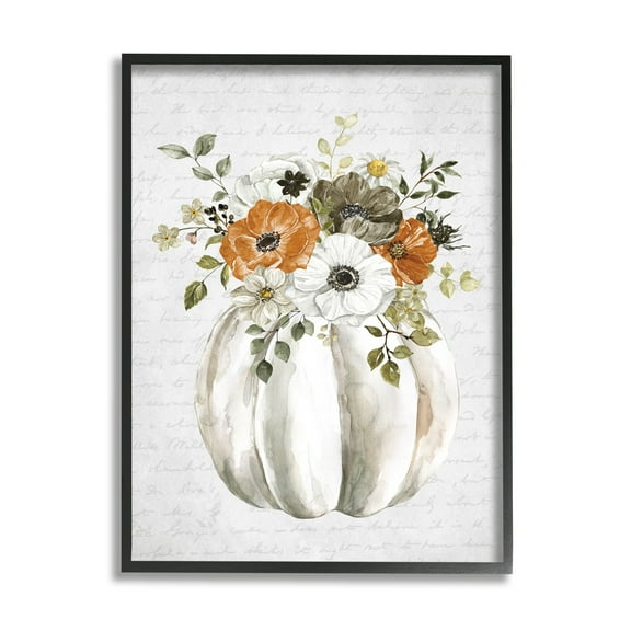 Festive Flower Bouquet Pumpkin Cursive Words Background Botanical & Floral Graphic Art Framed Art Print Wall Art