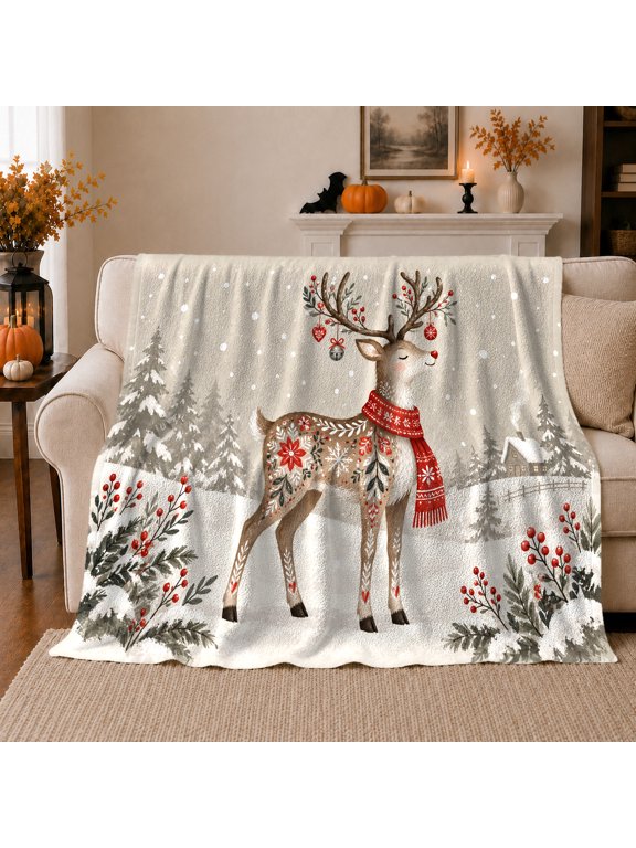 Festive Folk Deer Snowy Forest, Festive Holiday Scene, Warm Flannel Blanket for Cabin and Lodge with Detailed Artwork, Art Lovers Housewarming Gift, Festive Home Decor