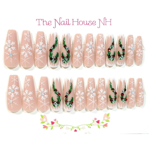 Festive Follies With Rhinestones Matte Long Coffin Press On Nails - 24 Pieces - Artificial Nail Kit - Winter Nails - Christmas Nails