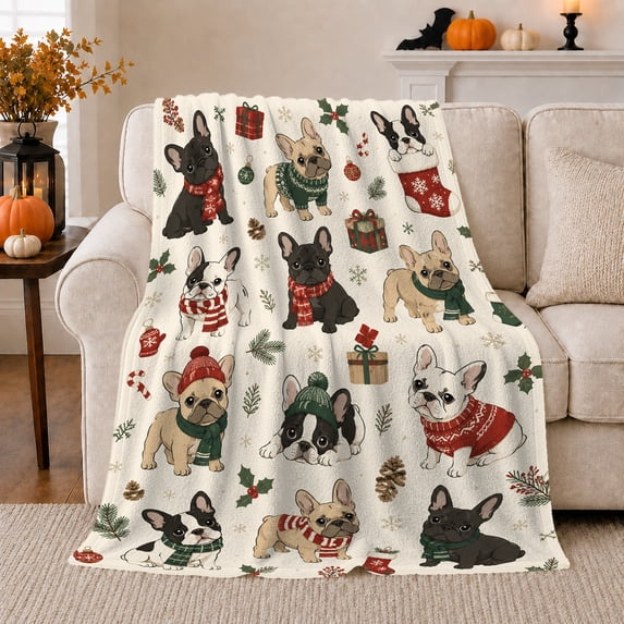 Festive French Bulldog Winter Knit Pattern Holiday Canine, Playful Pet Portrait Pattern, Warm Flannel Blanket for Living Room and Bedroom, Dog Lovers Just Because Gift, Pet Lover Home Decor