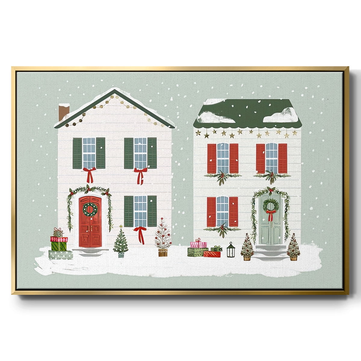 Festive Front Door Collection A - Framed Gallery Wrapped Holiday Canvas - 25 x 37 - Gold Frame