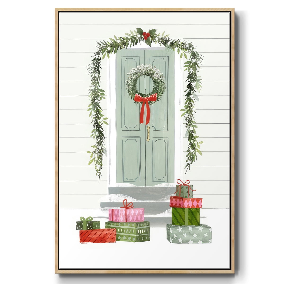 Festive Front Door Collection B - Framed Gallery Wrapped Holiday Canvas - 17 x 25 - Natural Wood Frame