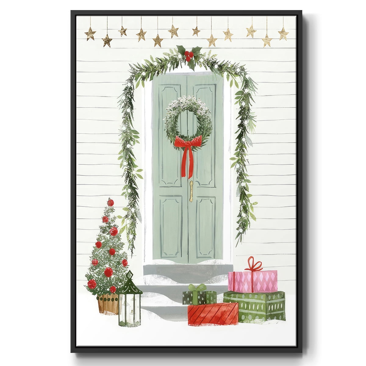 Festive Front Door I - Framed Gallery Wrapped Holiday Canvas - 17 x 25 - Black Frame