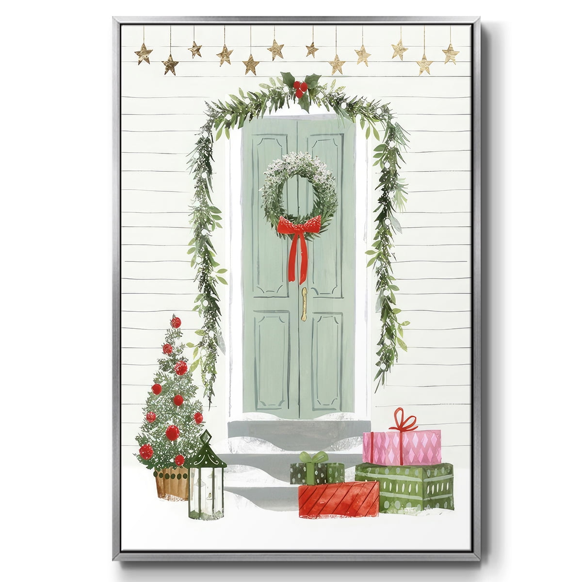 Festive Front Door I - Framed Gallery Wrapped Holiday Canvas - 17 x 25 - Silver Frame