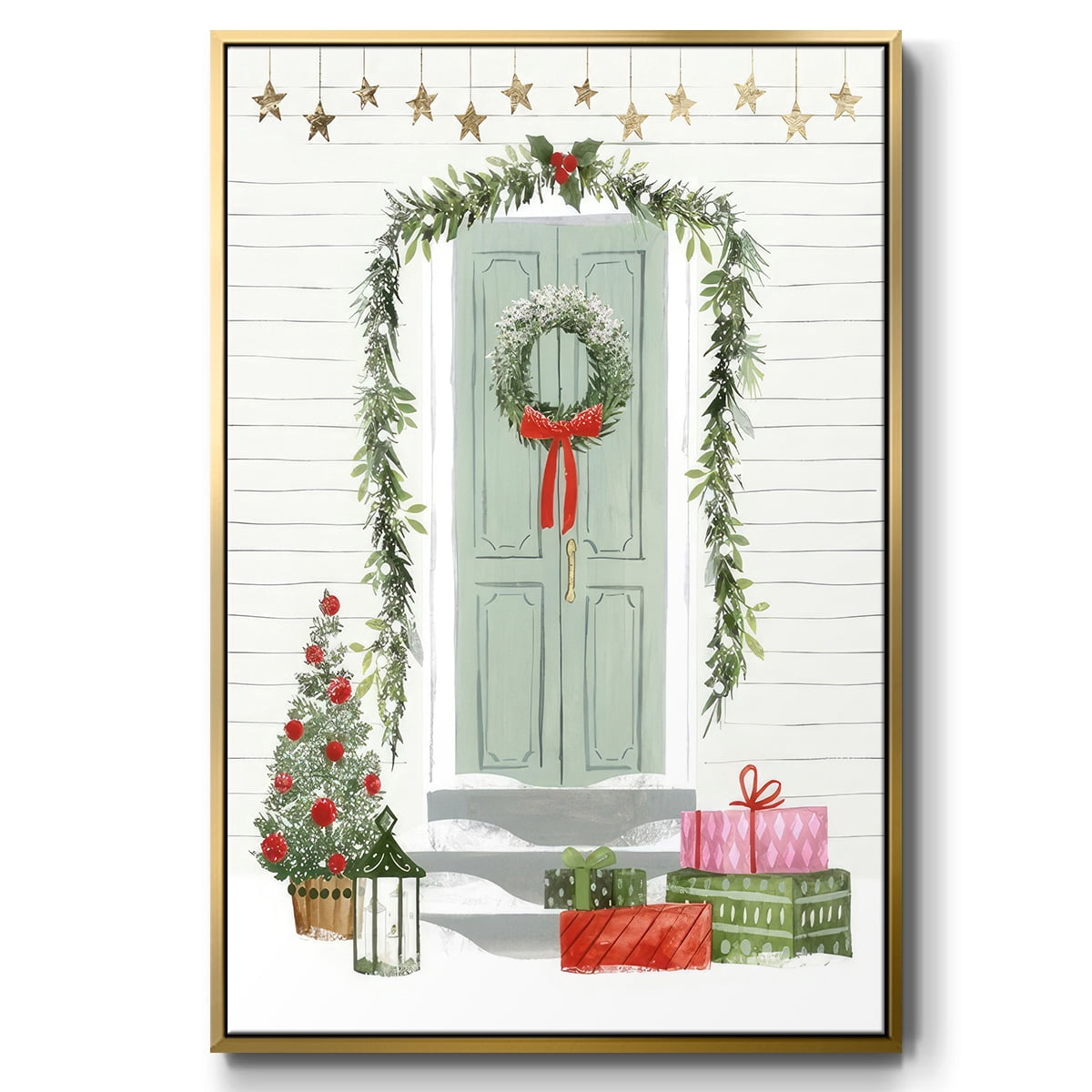 Festive Front Door I - Framed Gallery Wrapped Holiday Canvas - 25 x 37 - Gold Frame