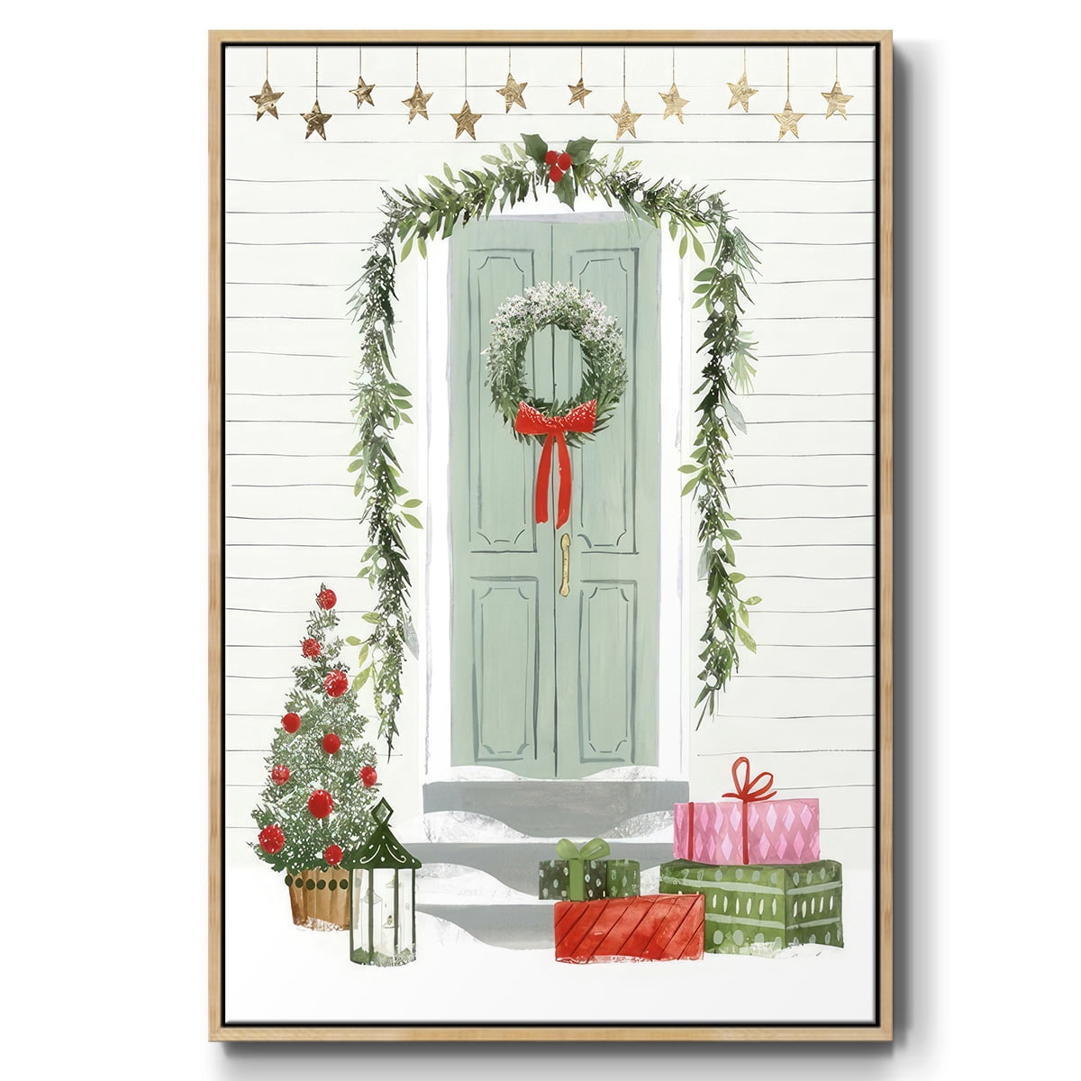Festive Front Door I - Framed Gallery Wrapped Holiday Canvas - 25 x 37 - Natural Wood Frame