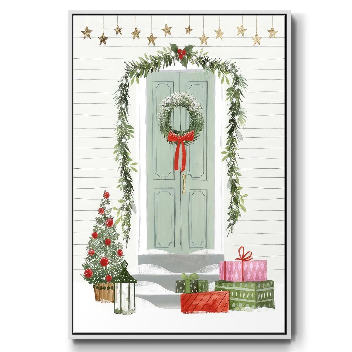 Festive Front Door I - Framed Gallery Wrapped Holiday Canvas - 25 x 37 - White Frame