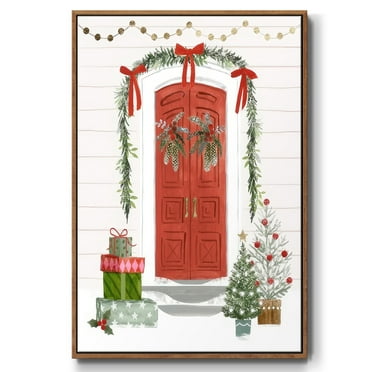 Festive Front Door II - Framed Gallery Wrapped Holiday Canvas - 17 x 25 - Rosewood Frame
