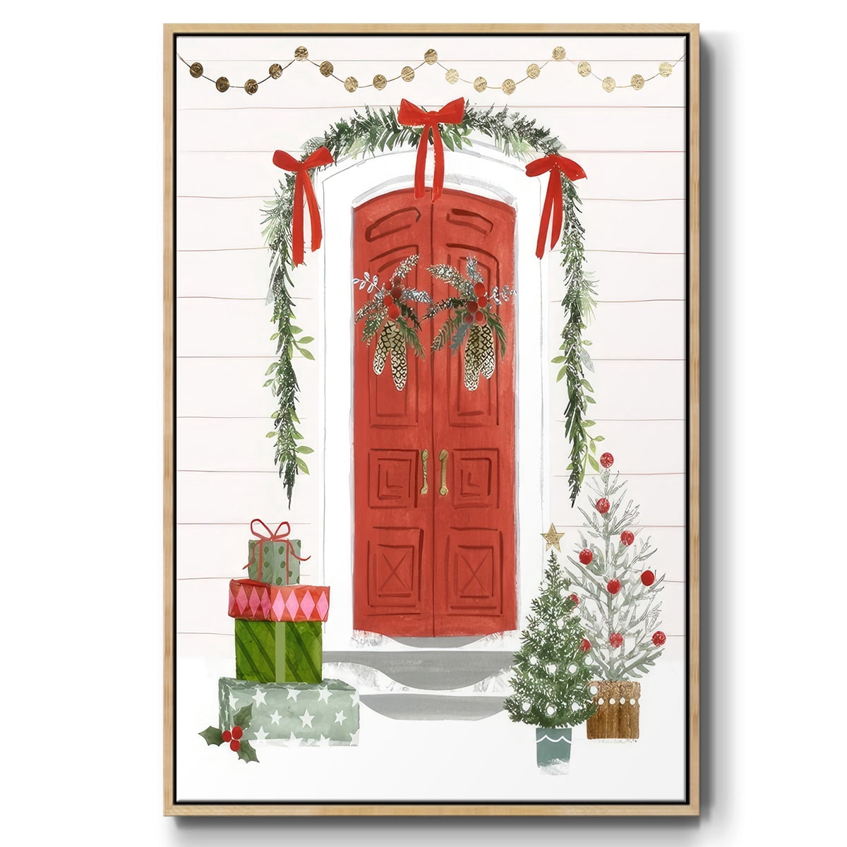 Festive Front Door II - Framed Gallery Wrapped Holiday Canvas - 25 x 37 - Natural Wood Frame