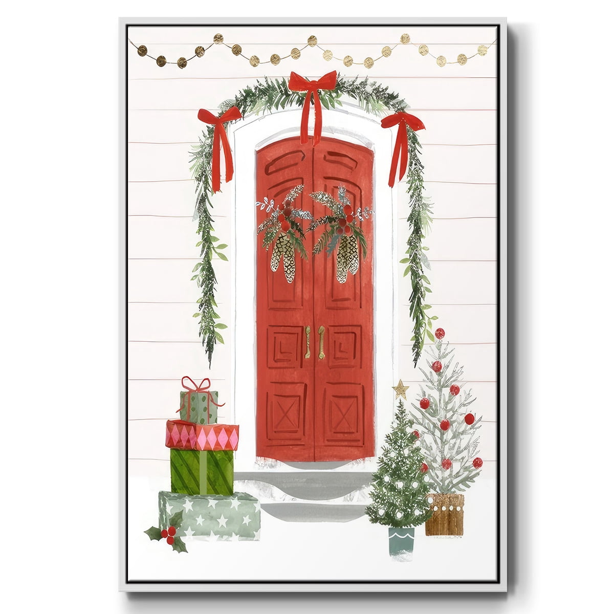 Festive Front Door II - Framed Gallery Wrapped Holiday Canvas - 27 x 41 - White Frame