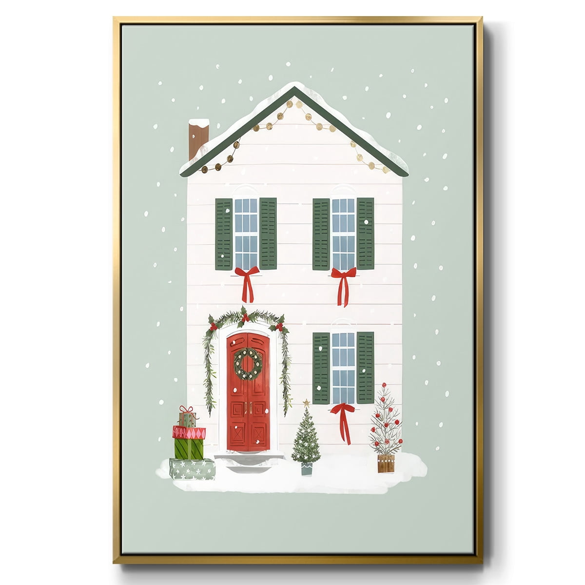 Festive Front Door III - Framed Gallery Wrapped Holiday Canvas - 17 x 25 - Gold Frame