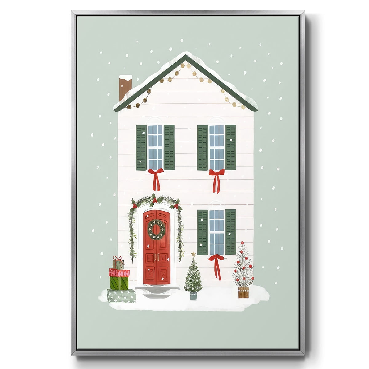 Festive Front Door III - Framed Gallery Wrapped Holiday Canvas - 25 x 37 - Silver Frame