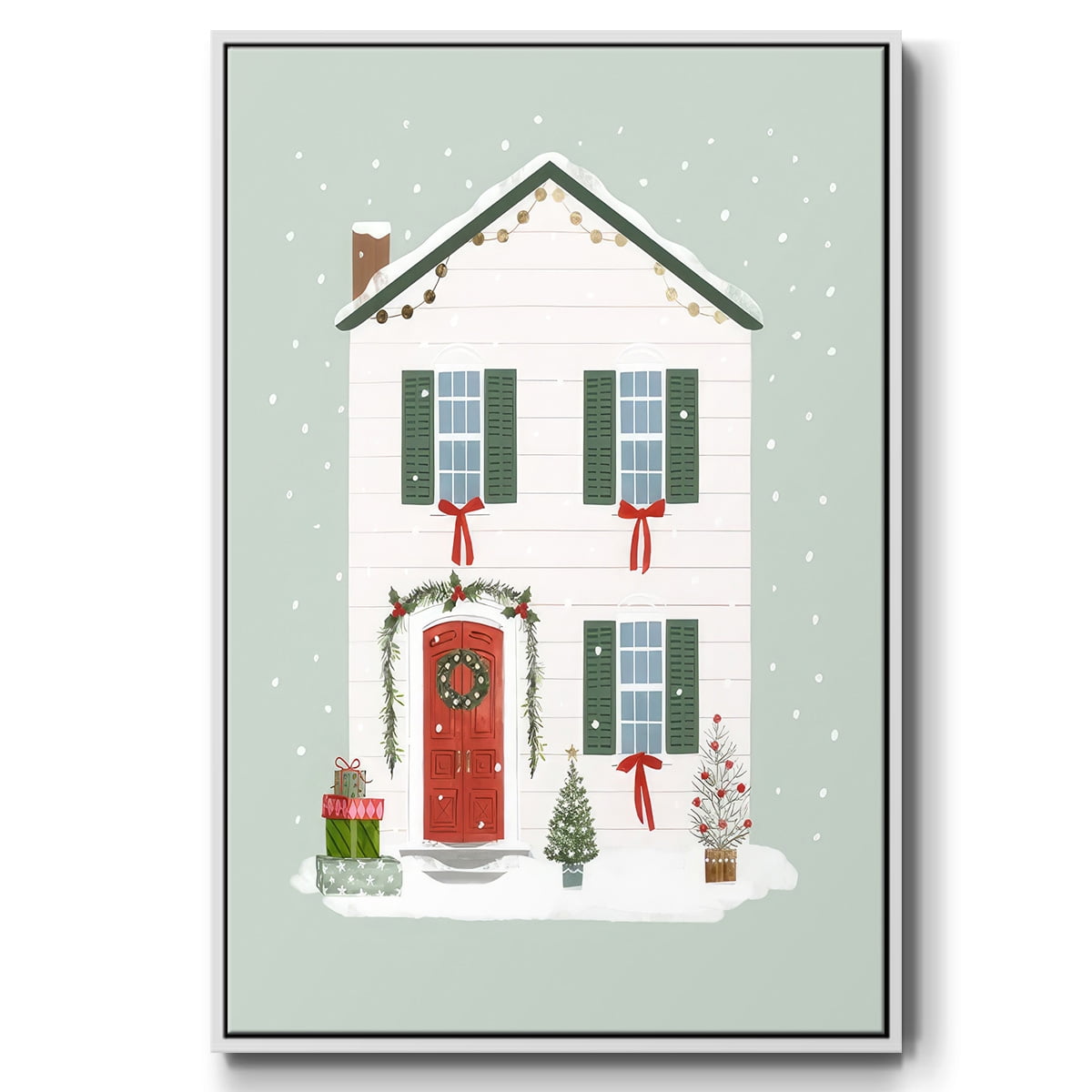 Festive Front Door III - Framed Gallery Wrapped Holiday Canvas - 27 x 41 - White Frame