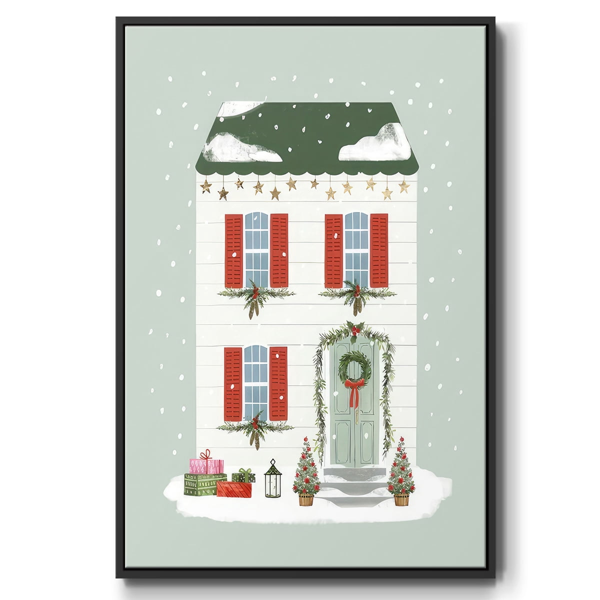 Festive Front Door IV - Framed Gallery Wrapped Holiday Canvas - 17 x 25 - Black Frame