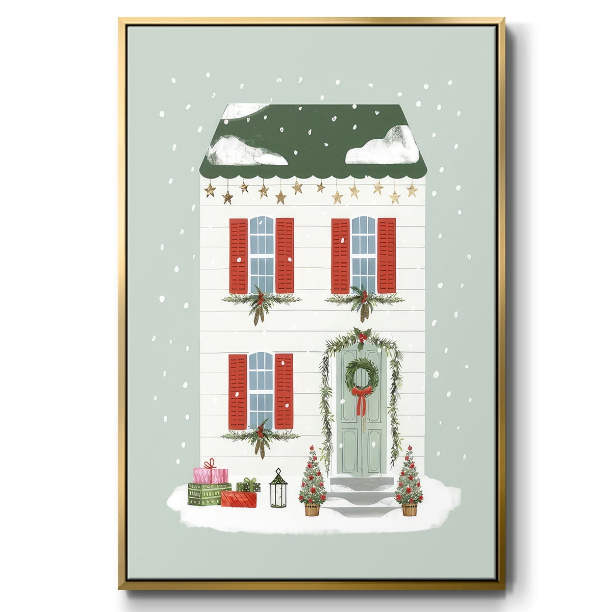 Festive Front Door IV - Framed Gallery Wrapped Holiday Canvas - 17 x 25 - Gold Frame
