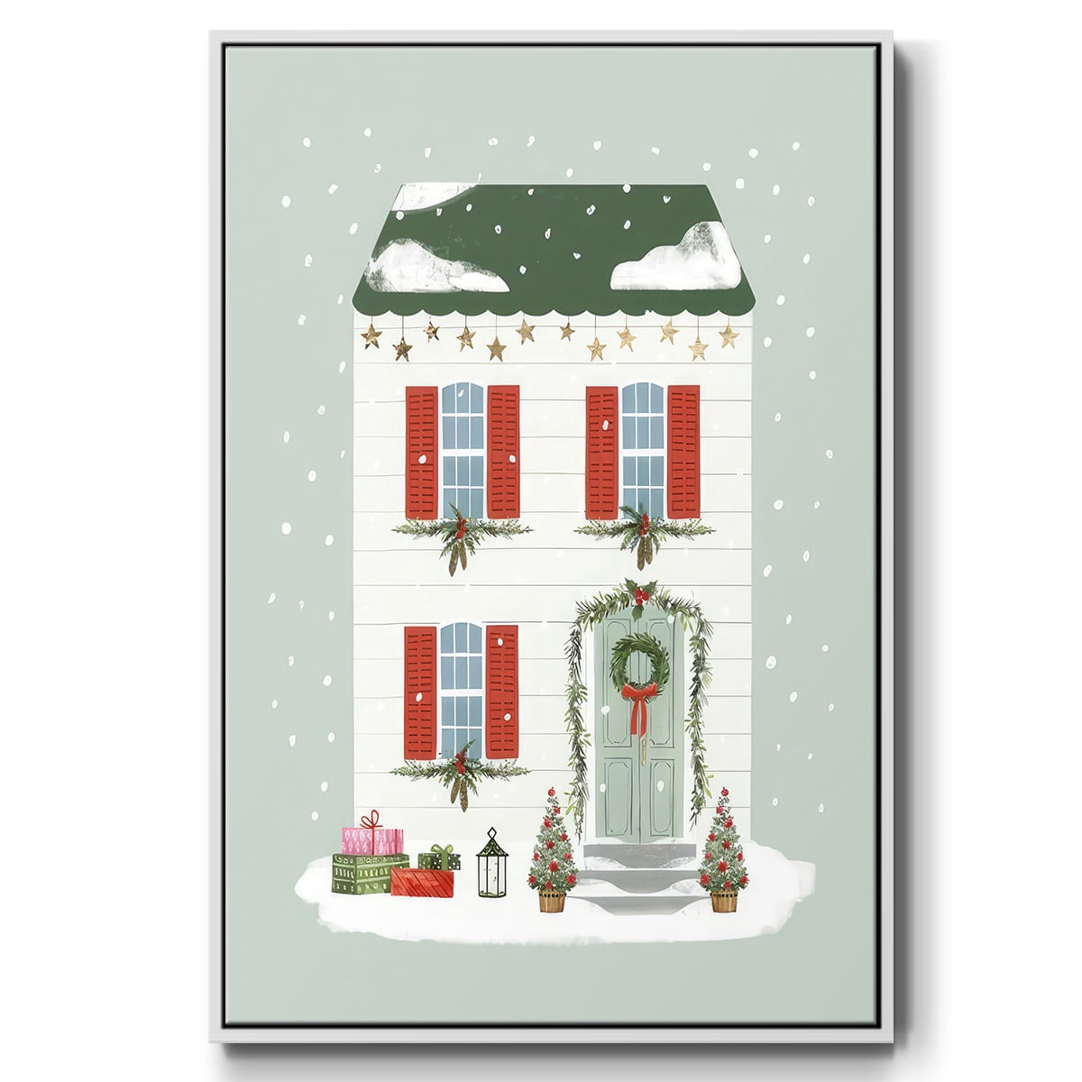 Festive Front Door IV - Framed Gallery Wrapped Holiday Canvas - 17 x 25 - White Frame