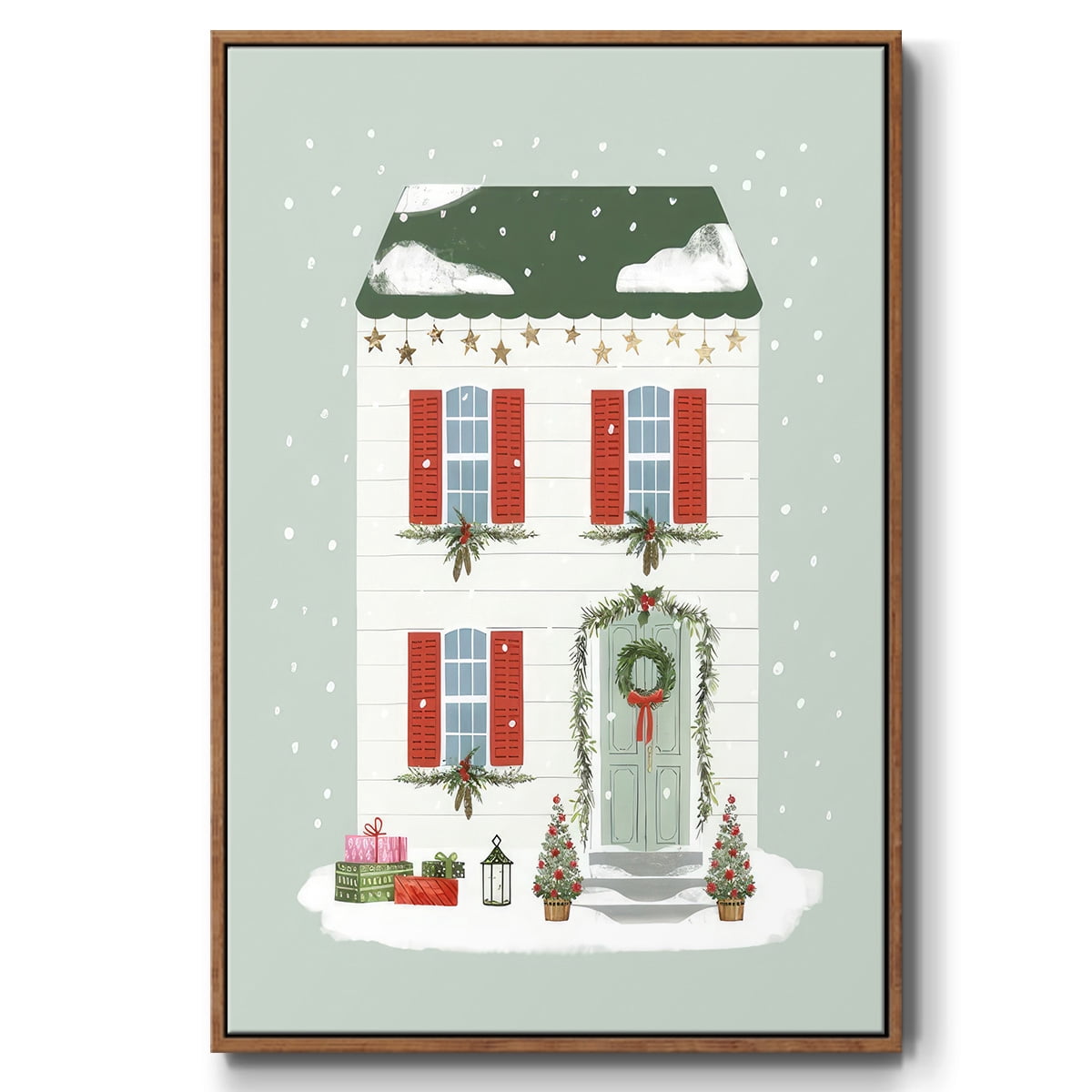 Festive Front Door IV - Framed Gallery Wrapped Holiday Canvas - 25 x 37 - Rosewood Frame