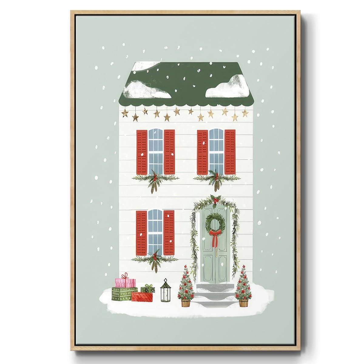 Festive Front Door IV - Framed Gallery Wrapped Holiday Canvas - 27 x 41 - Natural Wood Frame